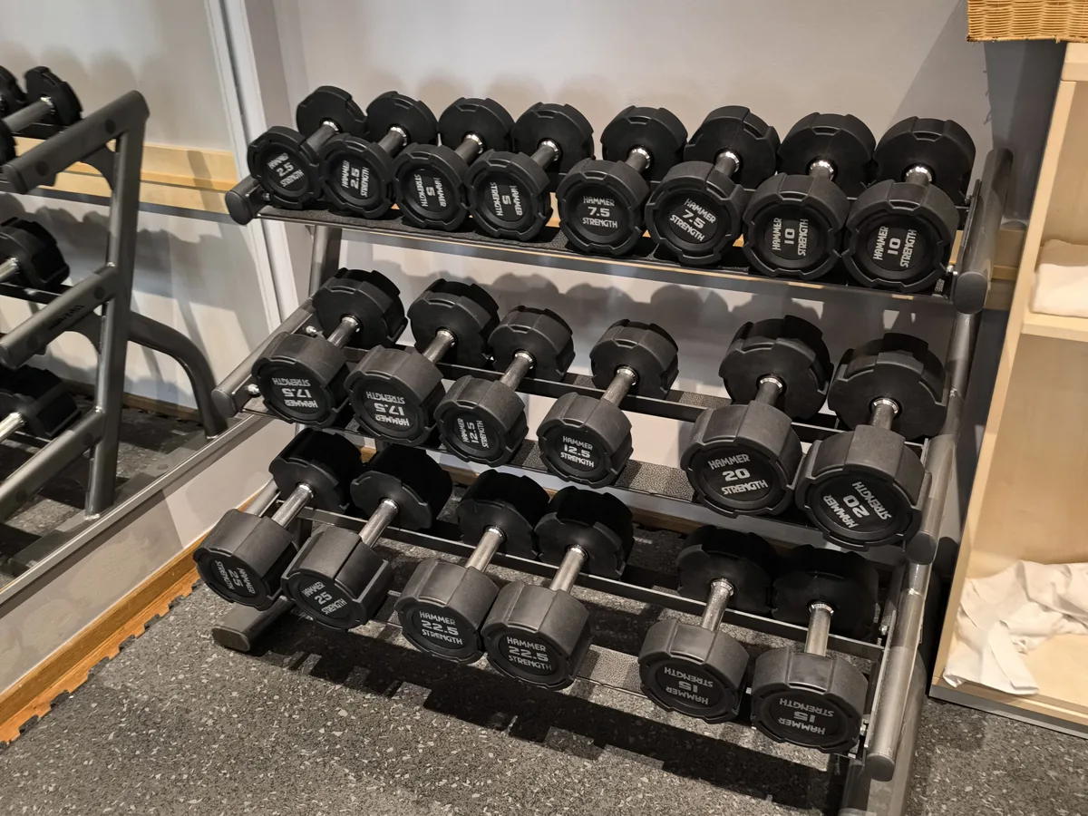 Kurzhantelablage mit Gewichten von 2,5 bis 25 Kilogramm vor einer Spiegelwand – Geräteprüfung in einem Fitnessstudio