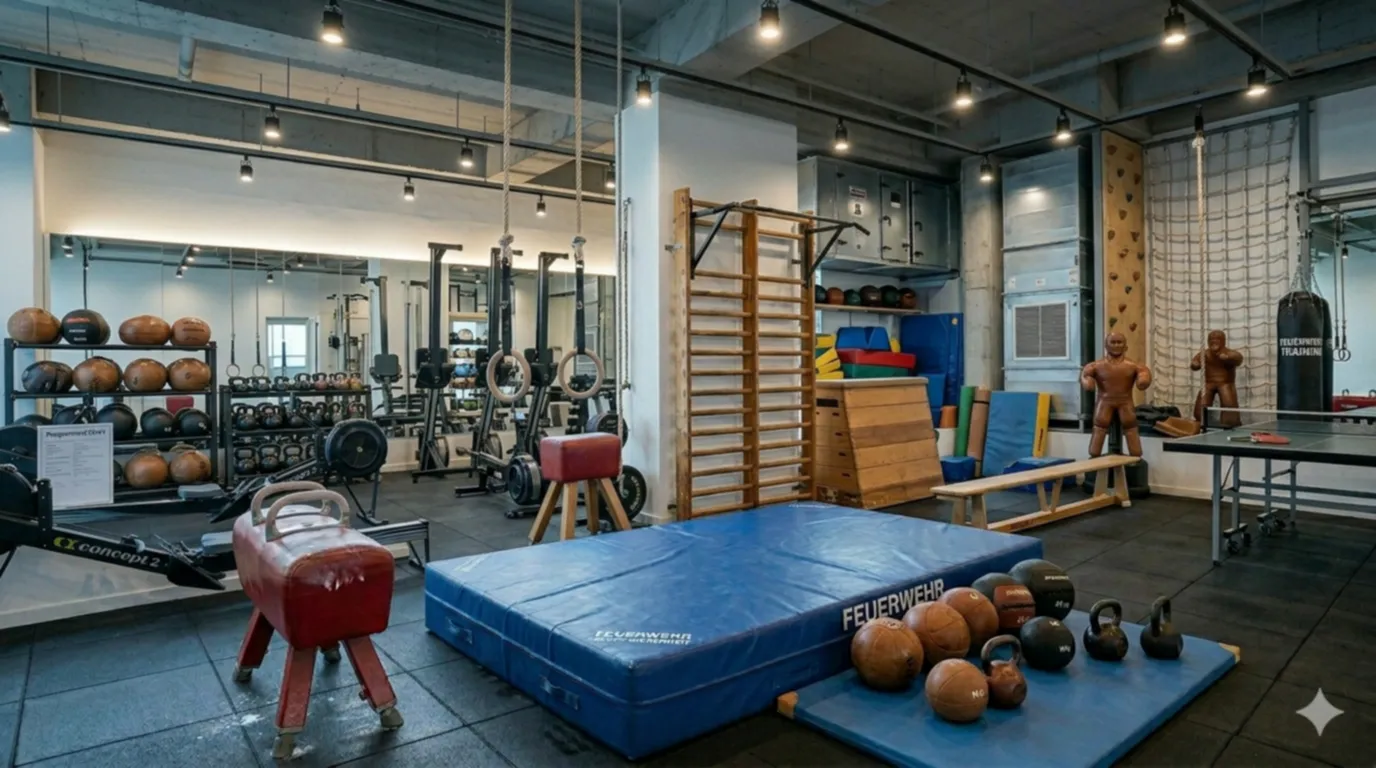 Sporthalle mit Pferd, Weichbodenmatte, Sprossenwand und Medizinbällen – Prüfintervalle