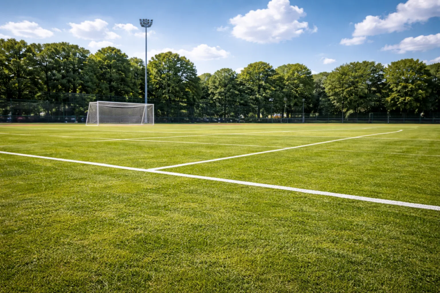 Rasenspielfeld mit Fußballtor und Flutlichtmast – Ausschreibung