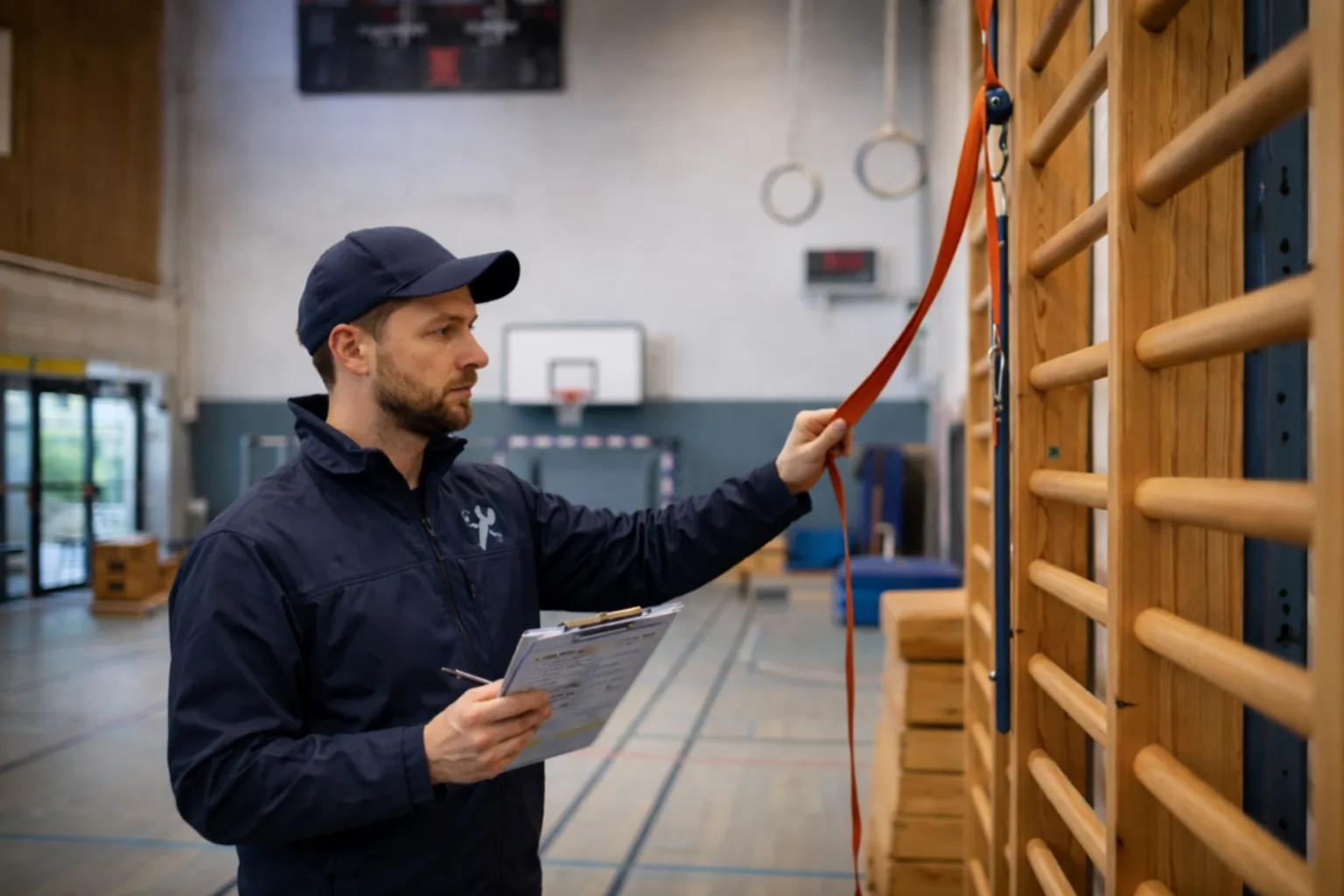 Prüfer kontrolliert Sprossenwand und Tauaufhängung in einer Turnhalle – Gerät gesperrt