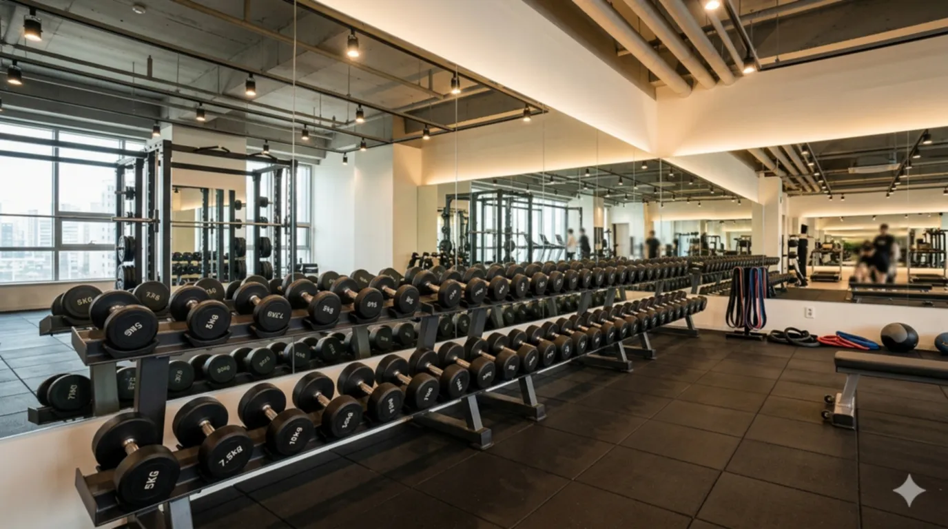 Hantelbereich eines Studios mit Kurzhantelablage und Trainingsbänken – Geräteabnahme