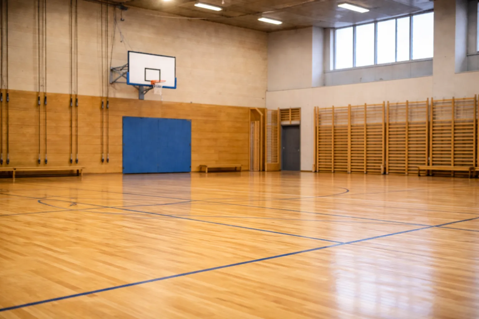 Leere Turnhalle mit Basketballanlage, Prallschutz und Sprossenwänden – Haftung Sporthalle