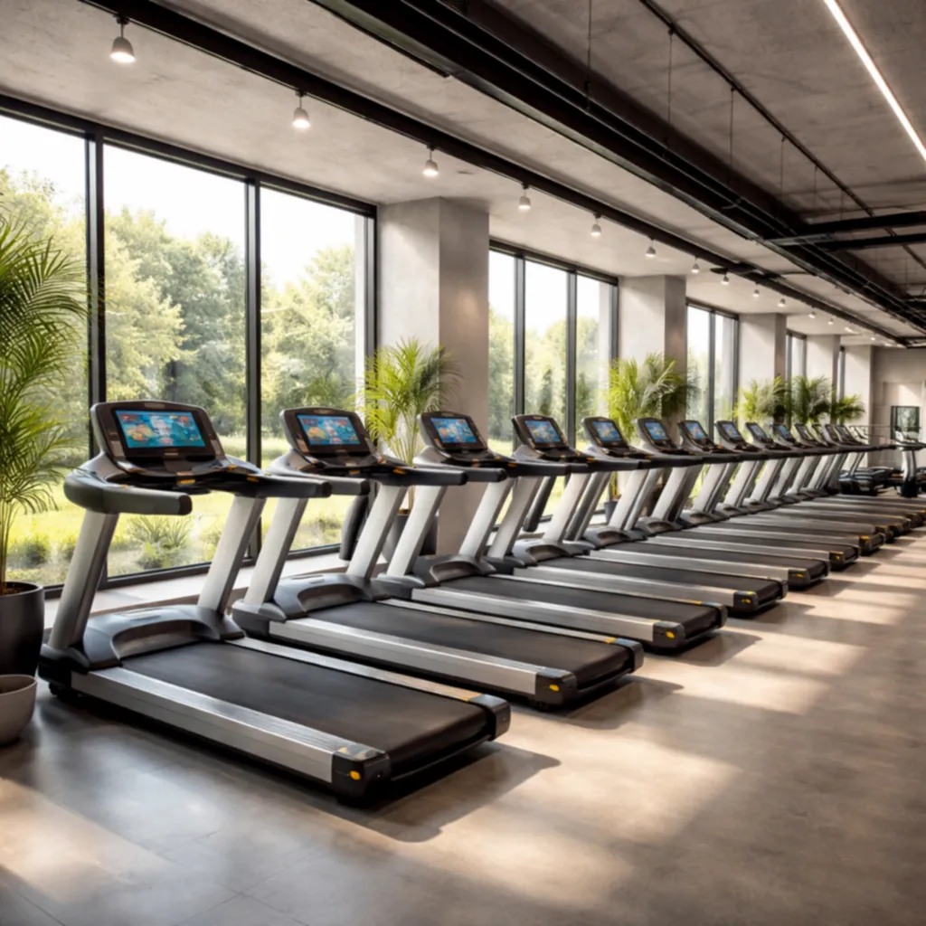 Reihe von Laufbändern im Cardiobereich eines Fitnessstudios – Warum Wartung wichtig ist